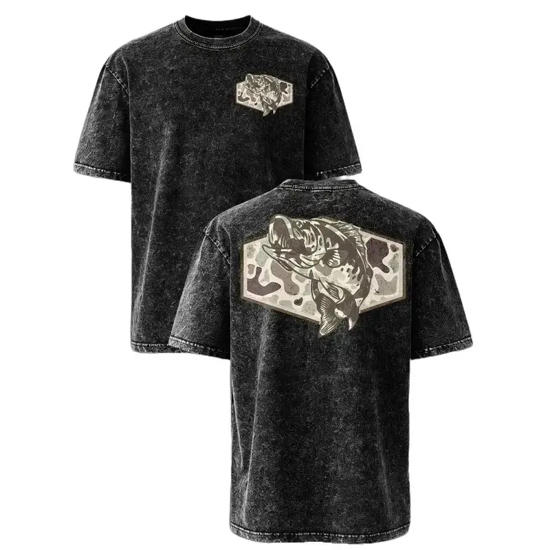 Camouflage Bass Fish Vintage Washed T-Shirt – Oversized Fishing Graphic Tee, Outdoor Casual Shirt for Men, Gift for Anglers & Bass Fishing Fans