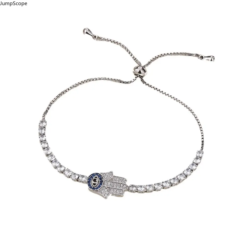 Hamsa Hand Evil Eye Tennis Bracelet For Women, Two-Tone Gold Silver Micro Pave Blue Zircon Turkish Lucky Palm Adjustable Slide Chain Cross-Border Trendy Viral Stackable Jewelry