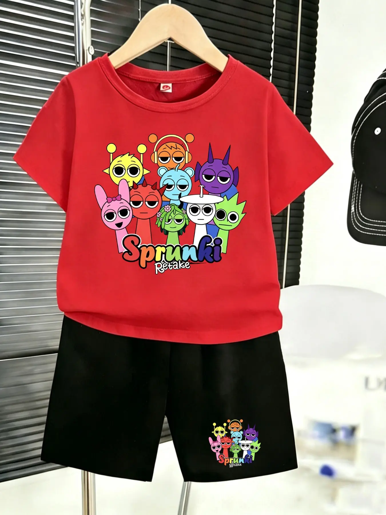 Sprunki Retake Boys' Two-Piece Set, Cartoon Print Short Sleeve T-Shirt & Shorts, Casual Summer, Kids & Teens, Birthday Gift