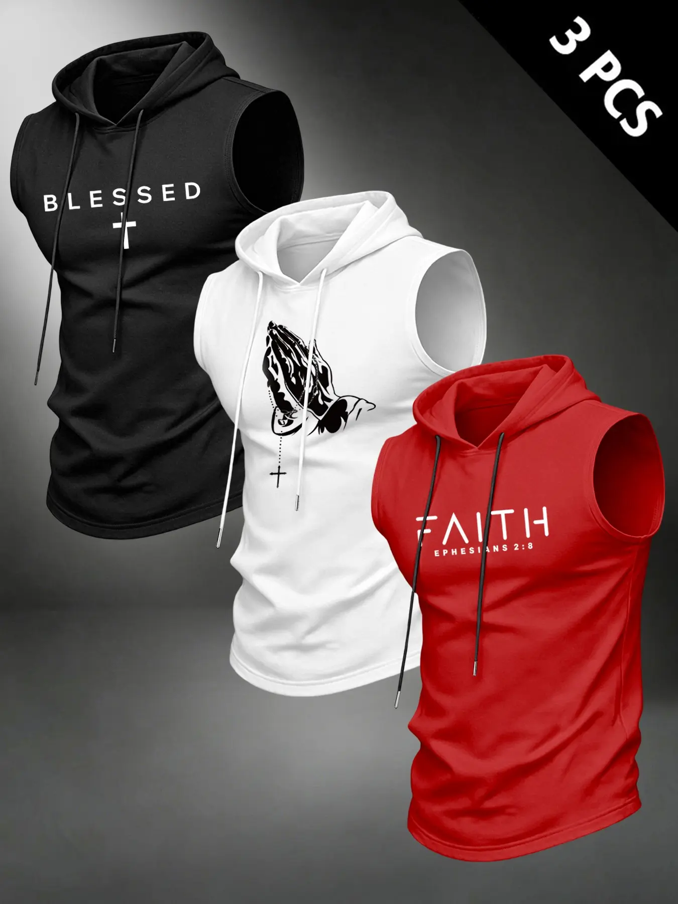 3-Pack Men's Casual Hooded Sleeveless T-Shirts, Fitted Breathable Graphic Tees, Ideal for Summer Gym Running Fitness, Breathable Workout Top