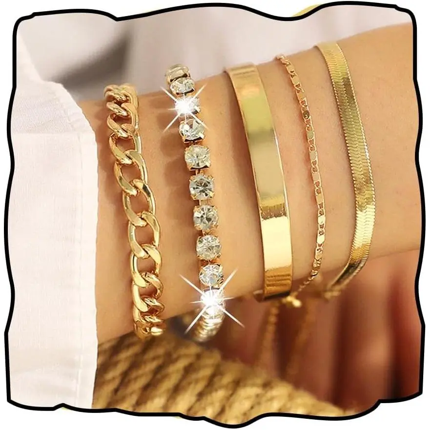 5 count Stackable  Bracelets Dainty Cuban Tennis Herringbone Chain Layered Adjustable Bangle for Women