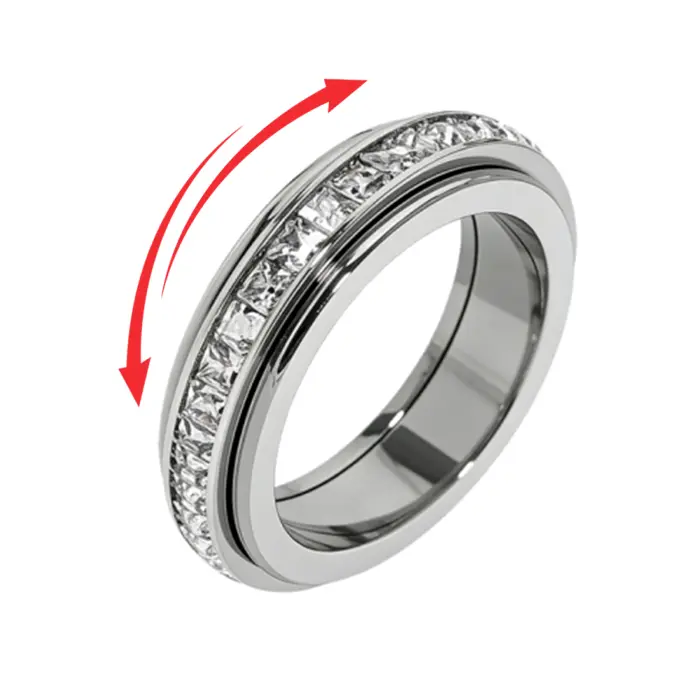 Stainless Steel Spinner Ring with Channel-Set Cubic Zirconia, Rotating Fidget Anxiety Ring, Comfort Fit Wedding Band, Sparkling Promise Ring for Women & Men, Engagement Anniversary Couple Jewelry, Birthday Valentine's Day Gift