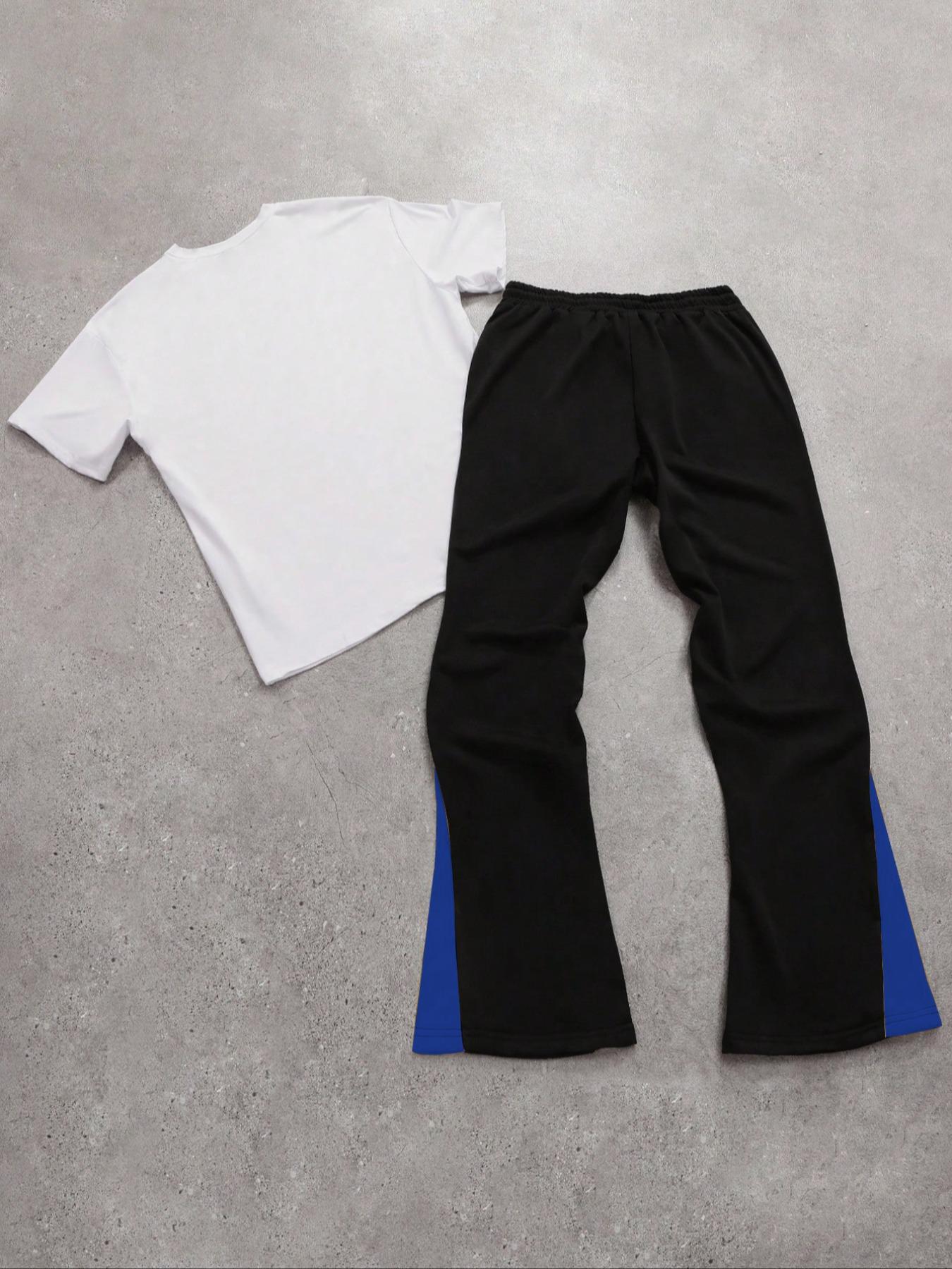Two-piece Set Men's Figure Graphic Tee & Colorblock Drawstring Waist Flare Leg Sweatpants, Regular Fit Round Neck Short Sleeve T-shirt & Bell Bottom Trousers, Sets for Men Clothing, Summer Outfits, Casual Outfit Set, Shortsleeve Menswear