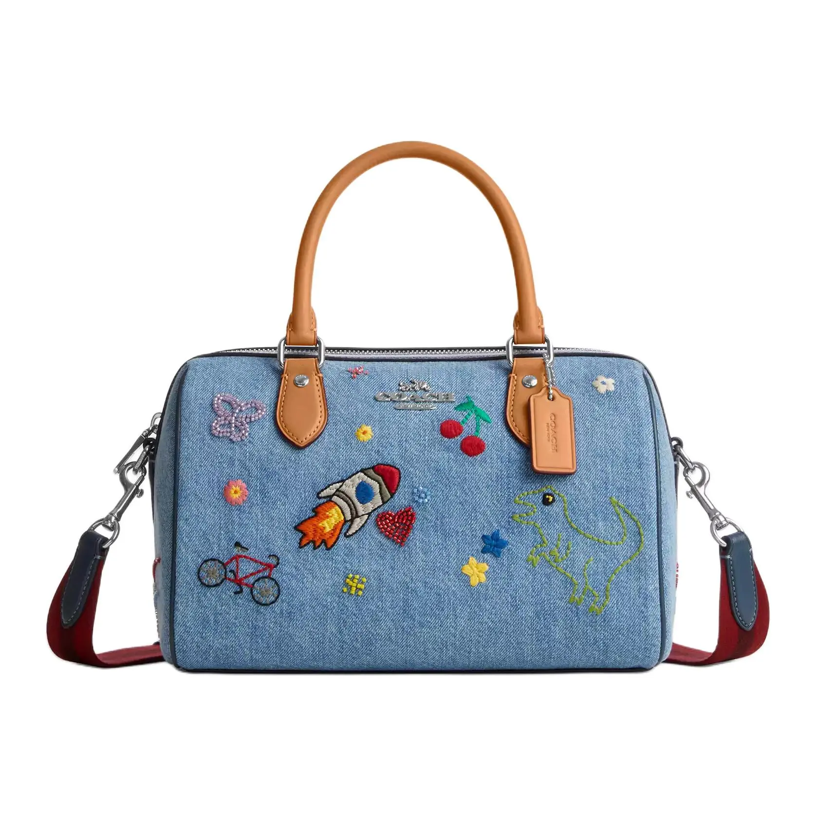 Coach Rowan Satchel 25 Women’s Medium Crossbody and Top-Handle Bag in Blue Denim with Embroidered Cartoon Design and Vachetta Leather Trim