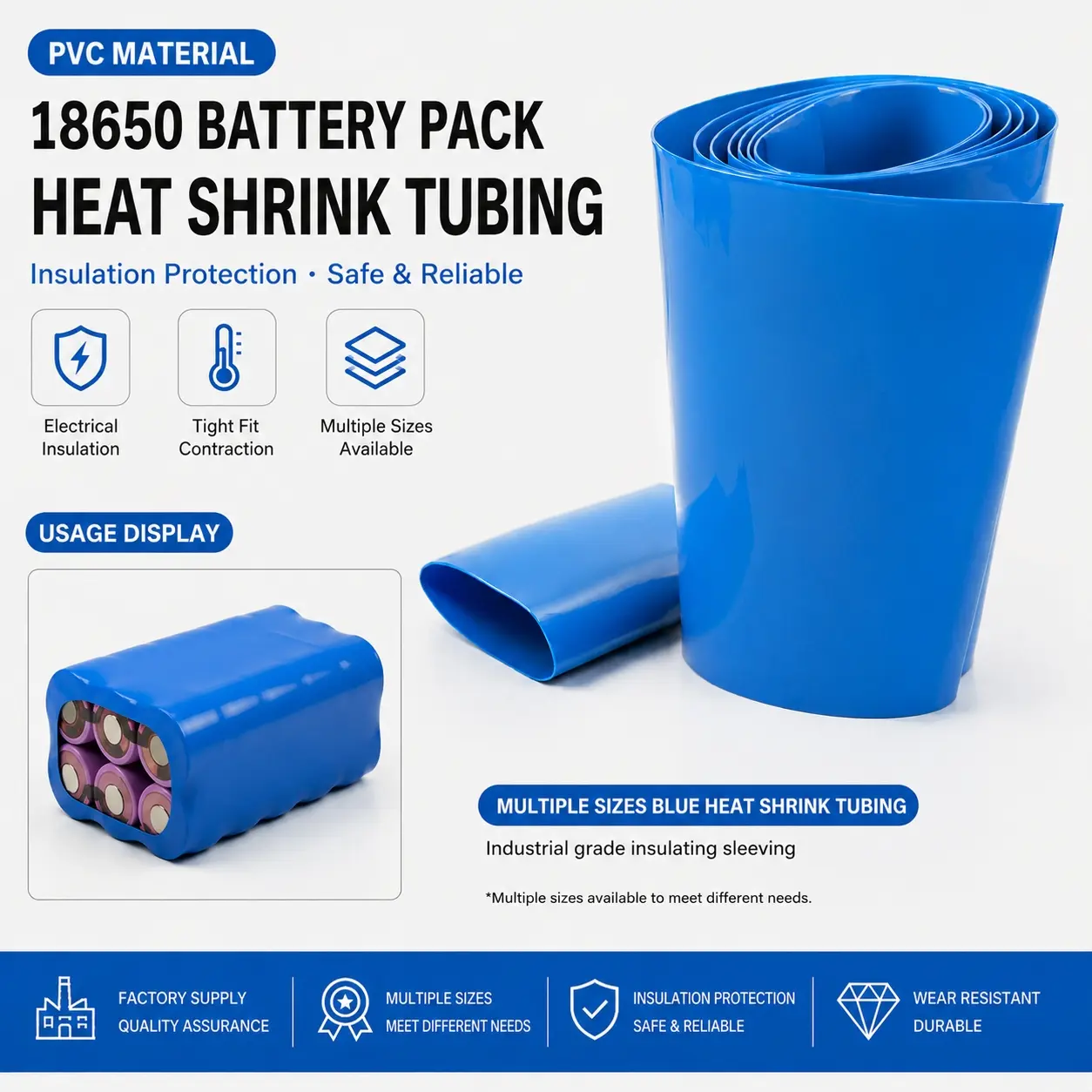 1 Meter Long PVC Material 18650 Battery Harness Sleeve, Multiple Sizes Blue Heat Shrink Tubing, Industrial Insulation Heat Shrink Tube