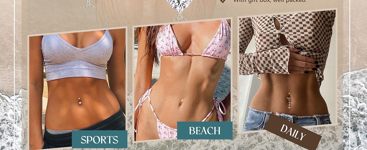 Trendy Summer 316L Surgical Steel Gold Dangle Belly Button Ring for Women Silver Dangly Belly Rings 14G Hypoallergenic Navel Belly Button Piercing Jewelry Bow Heart 10mm/12mm Barbell Length