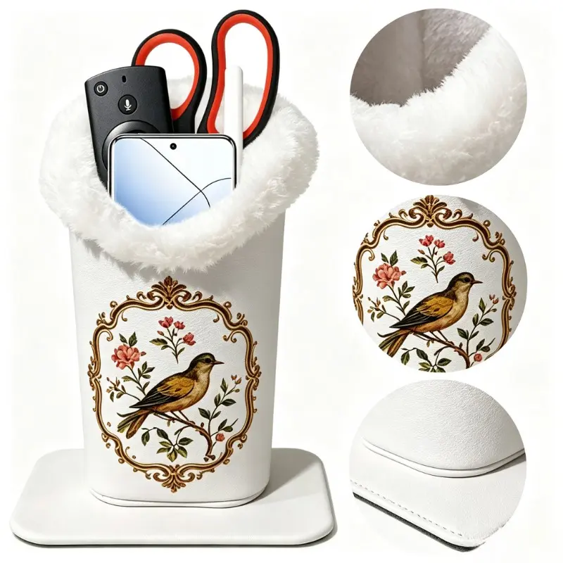 Floral and Bird Design White Plush Eyeglass Holder with Detachable Magnetic Base – Premium Faux Leather Glasses & Pen Stand, Glasses Organizer