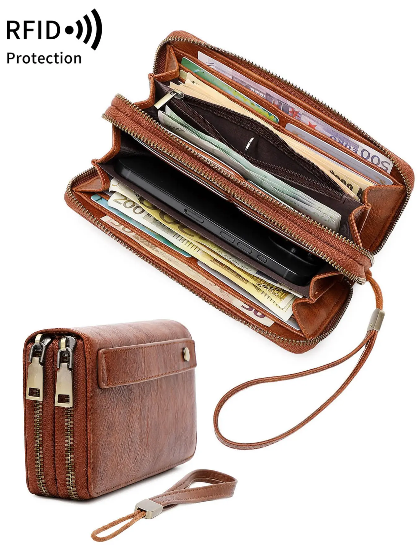 Vintage Minimalist Double Zipper Wallet for Men, RFID Blocking Multifunctional Large Capacity Wristlet Purse with Wrist Strap, Multiple Card Slots & Zipper Coin Pocket, Unisex Design for Daily Use & Office Commute