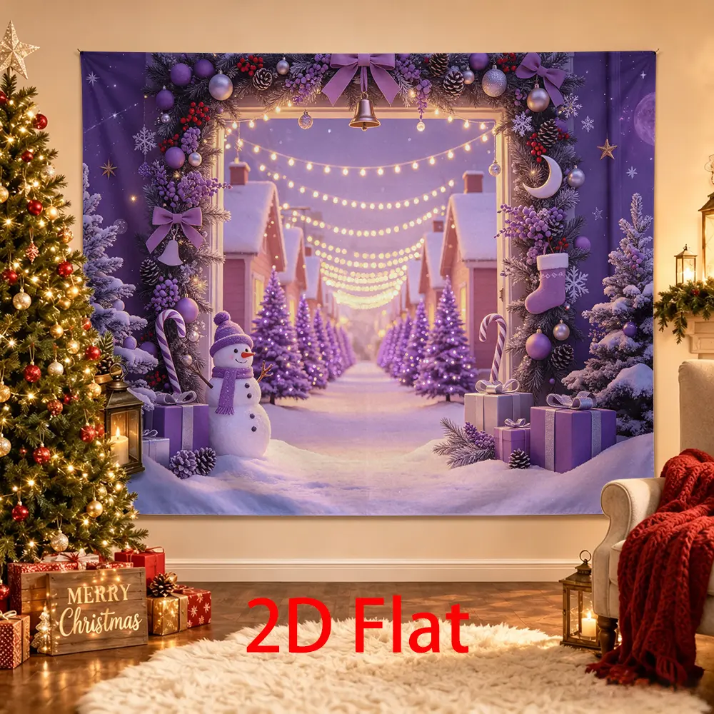 Purple Christmas Village Backdrop, Lavender Winter Photography Background with Snowman, Purple Trees, Stocking, Gifts and String Lights