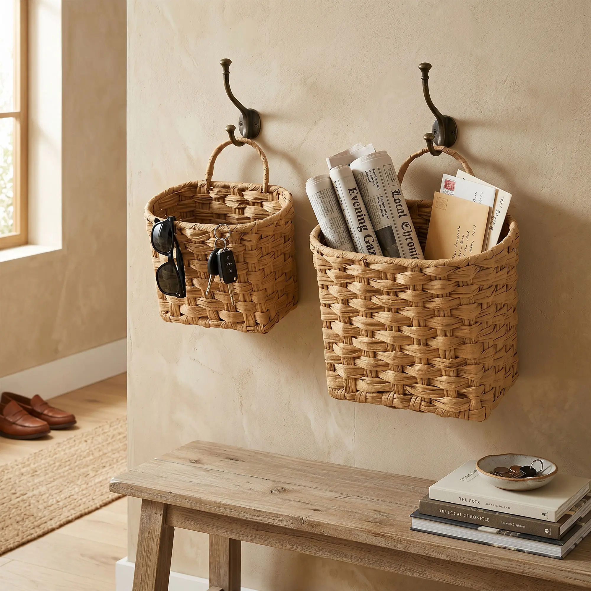 2  pcs Hanging Baskets Wicker  for Wall, Handwoven Front Door Basket