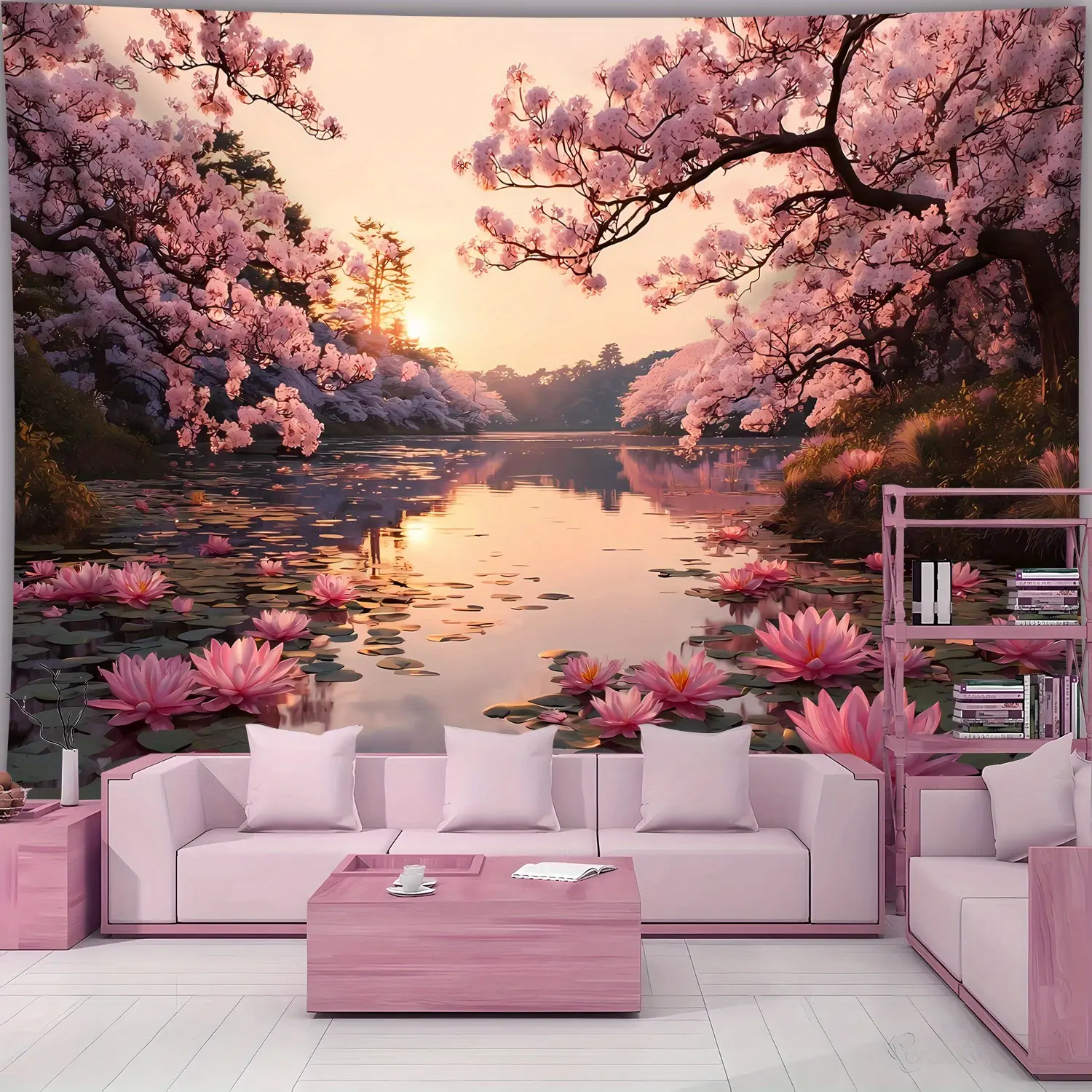 2D Flat Japanese Style & Lotus Lake Scenery Tapestry - Giant High-Definition Printed Wall Tapestry, No Installation Required, 2D Flat Peach Light Fabric Wallpaper, Suitable for Living Room, Bedroom, Bathroom Decoration - Peach Blossom & Water Lily Scenery