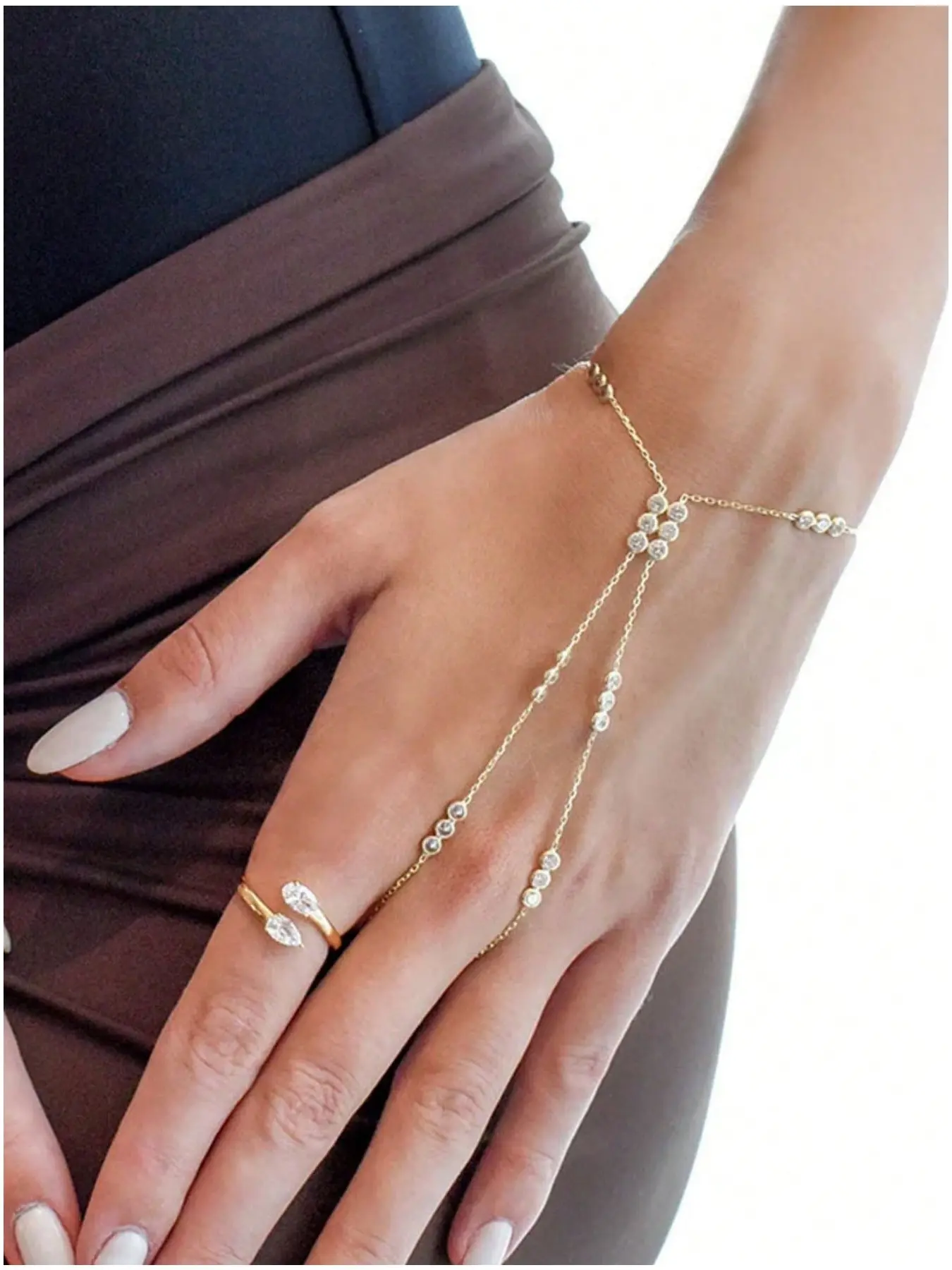 Rhinestone Finger & Hand Chain Bracelet for Women, Delicate Minimalist Hand Jewelry, Fashionable Bracelet, Elegant Linked Finger Chain for Party, Festival & Fashion