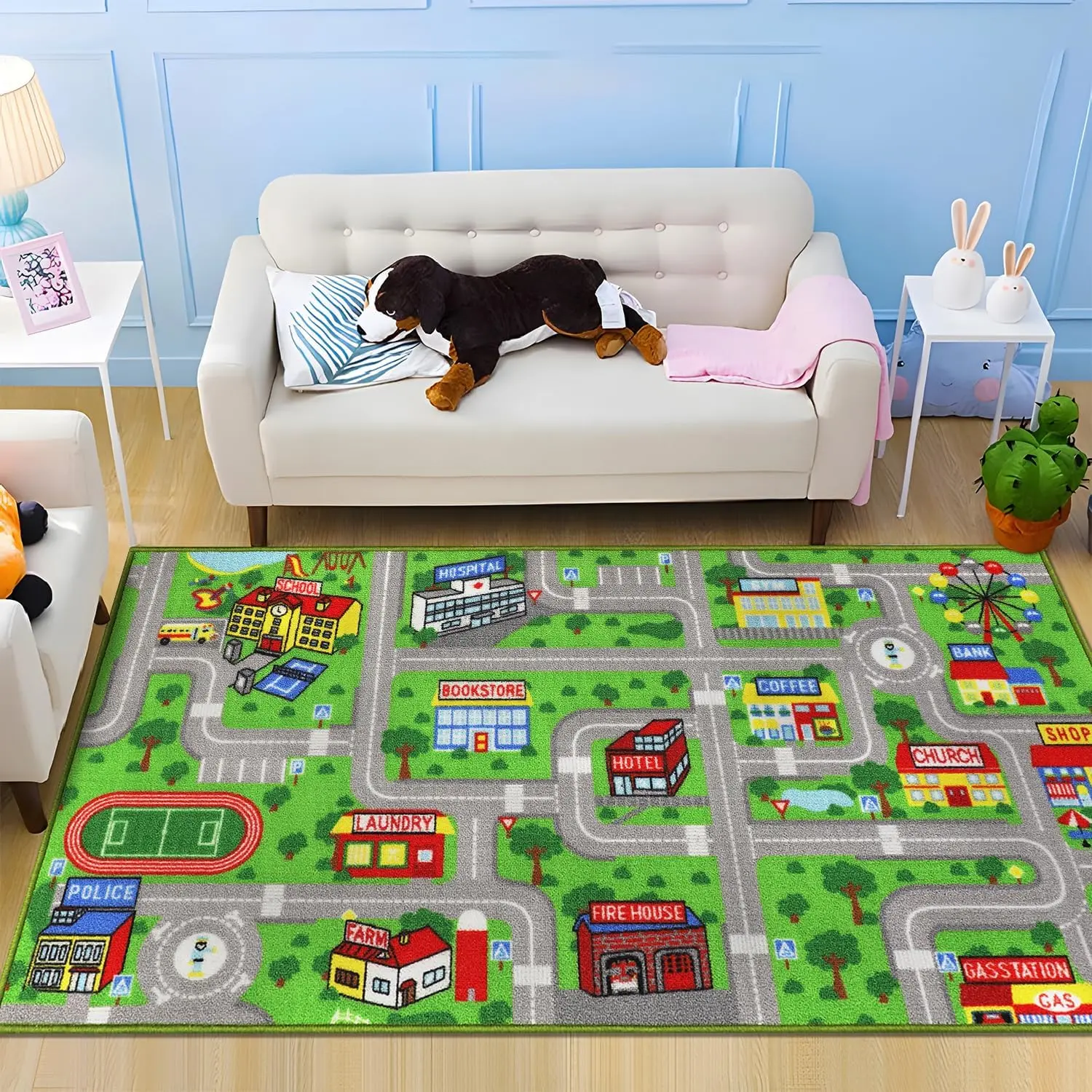 Green  Road  Rug Carpet Playmat for Playoom Traffic Road  Play Mat for  Non Slip Washable City Map Race Track Carpet Rug for  Room Bedroom  Room Decor,5'x2.7'