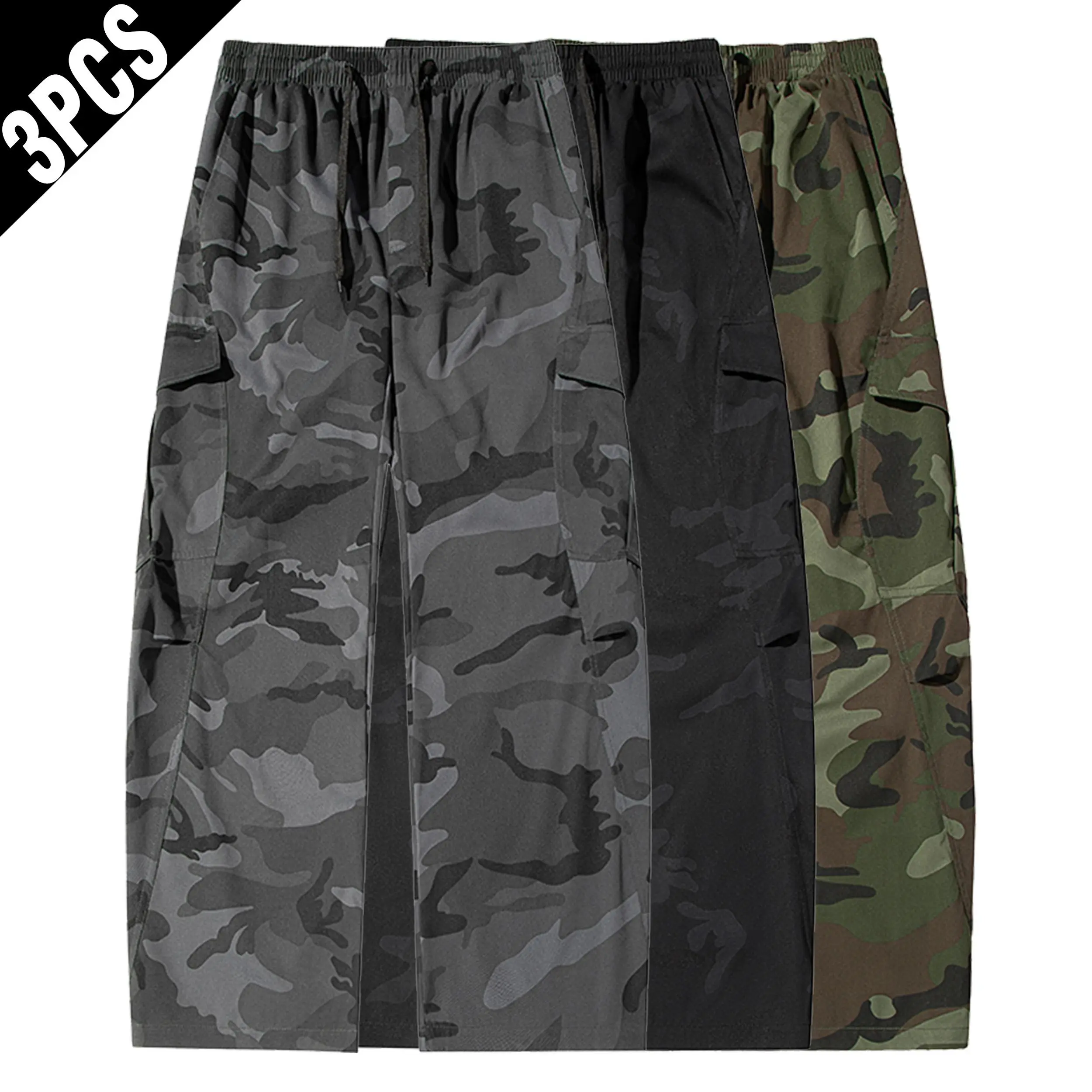 Men's 3-Pack Camo Print Cargo Pants - Elastic Drawstring Waist, Multiple Pockets, Loose-Fit Wide Legs, All Seasons Outdoor Tactical Street Casual Utility Trousers