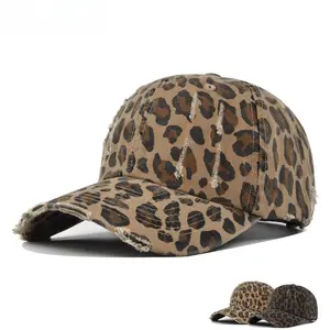Leopard Print Baseball Cap Distressed Animal Pattern Dad Hat Cheetah Ripped Frayed Adjustable Sun Visor Vintage Cotton Headwear For Women Men Casual Party Club Streetwear