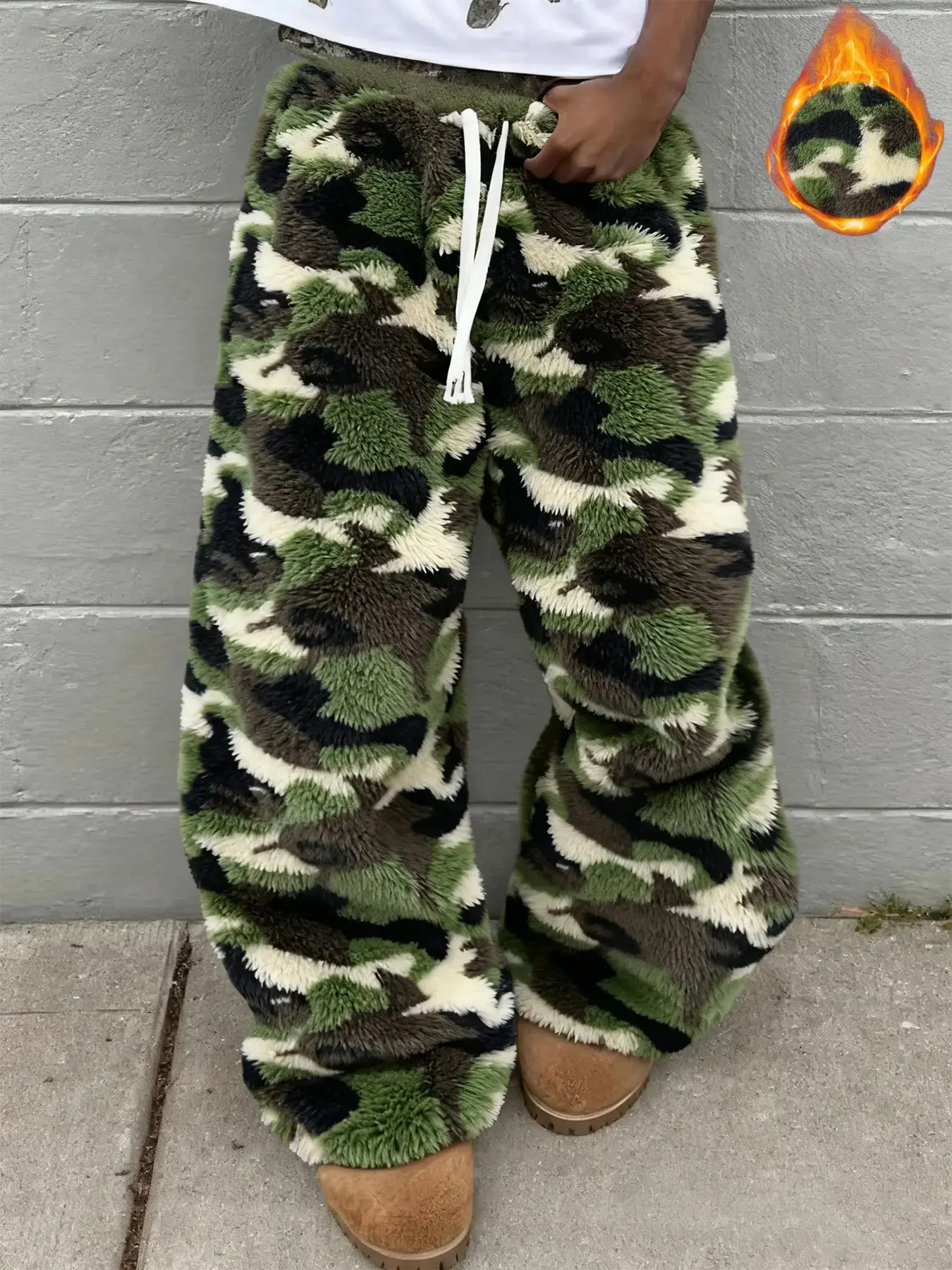 Men's Plush Leopard Print Wide Leg Pants, Elastic Drawstring Waist, Faux Fur Warm Loose Long Pants, Y2K Retro Fall Winter Street Style