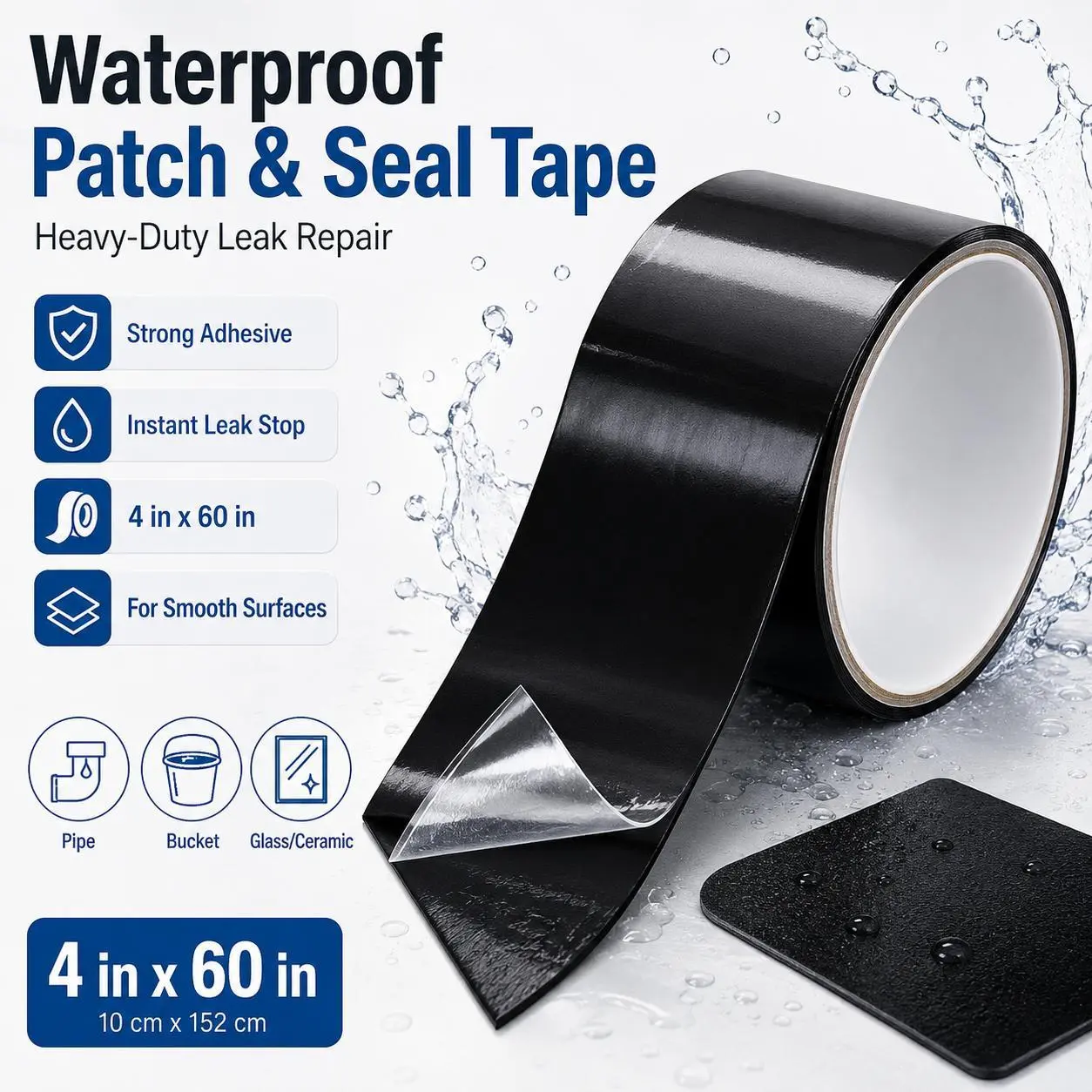 Heavy Duty Strong Bond Waterproof Leak Repair Patch Strip, Black Duct Sealing Tape Measuring 4 Inch by 60 Inch for Instant Leak Sealing
