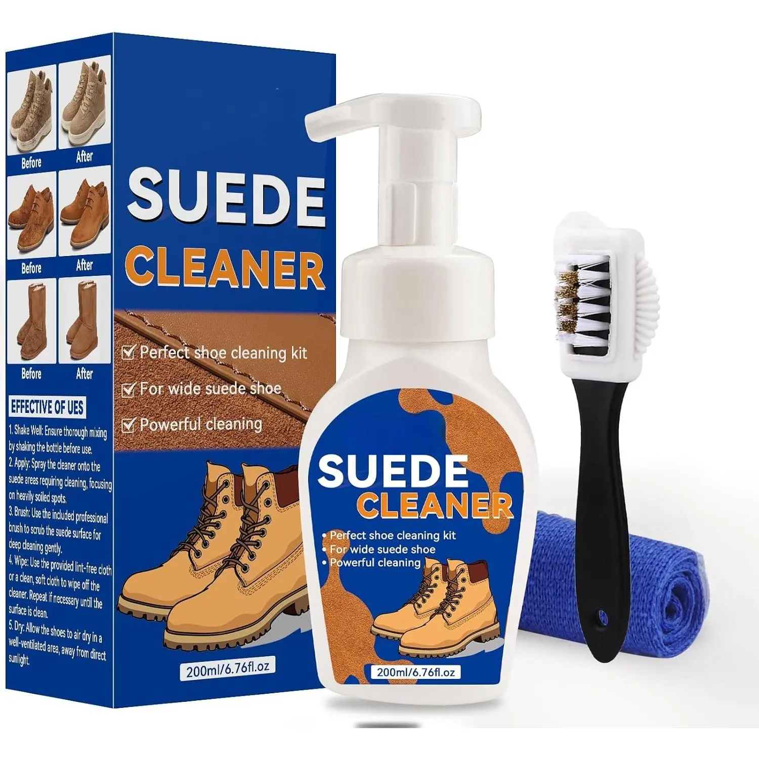 Suede Shoe Cleaner Kit, No-Rinse  Suede and Nubuck Cleaner with Brush & Towel — Remove Stain, Dirt & Water Mark, Gentle Cleaning Kit for Suede, Nubuck, Leather, Canvas, Boots & Sneakers, 200ml