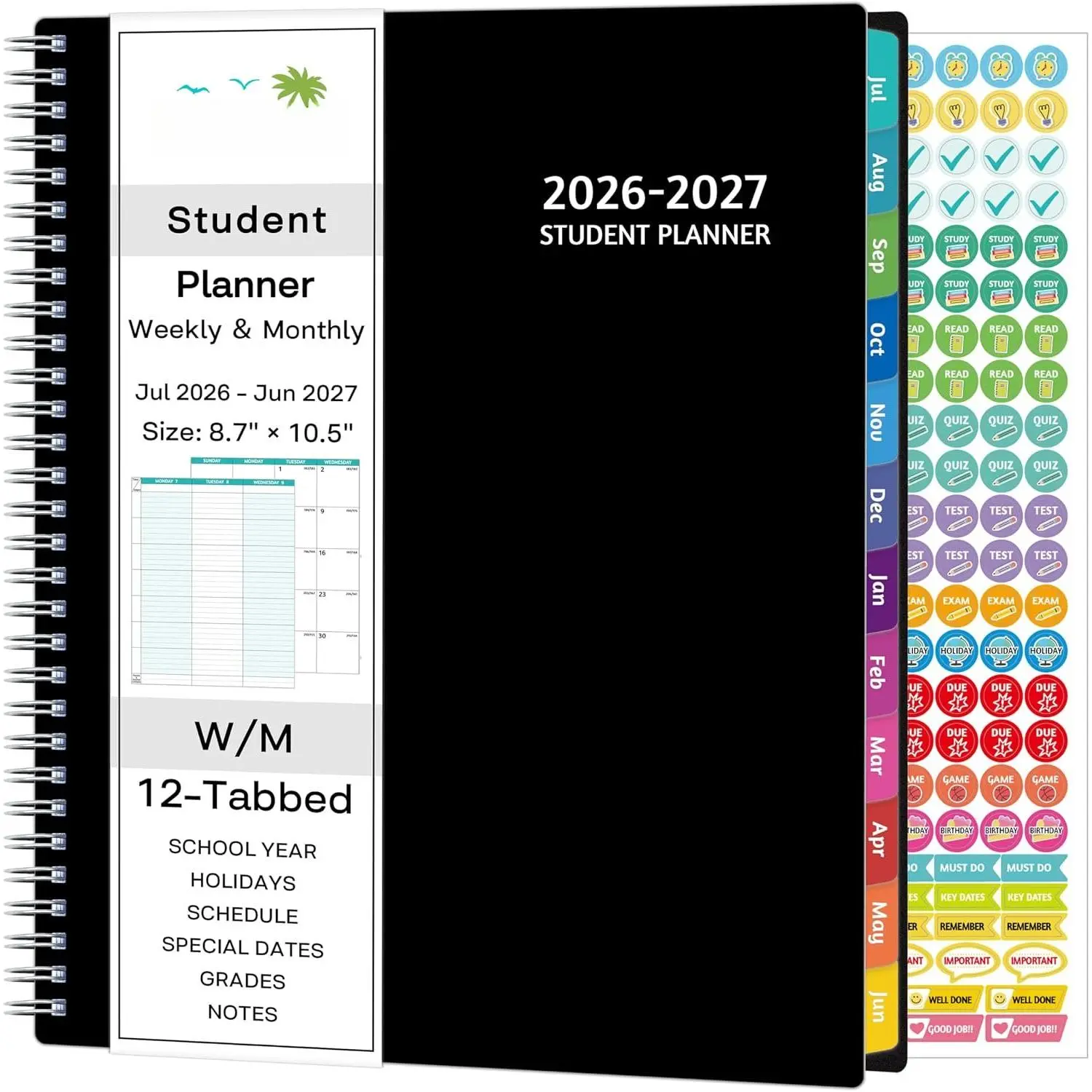 student planner 2026-2027, Weekly & Monthly Academic Year Planner Calendar, Jul 2026 - Jun 2027, 8.5" x 10.5", School Planner 2026-2027 with Practical Stickers, Flexible Cover, Pocket, Laminated Tabs