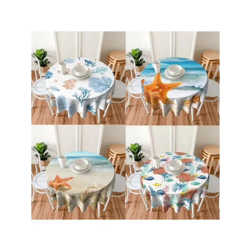 1PC Coastal Beach-Themed Tablecloth - Waterproof & Washable Round Tablecloth Featuring Ocean, Starfish, Waves, and Coral - Suitable for Kitchen, Dining Room, Indoor/Outdoor Use, Patio, and Picnics