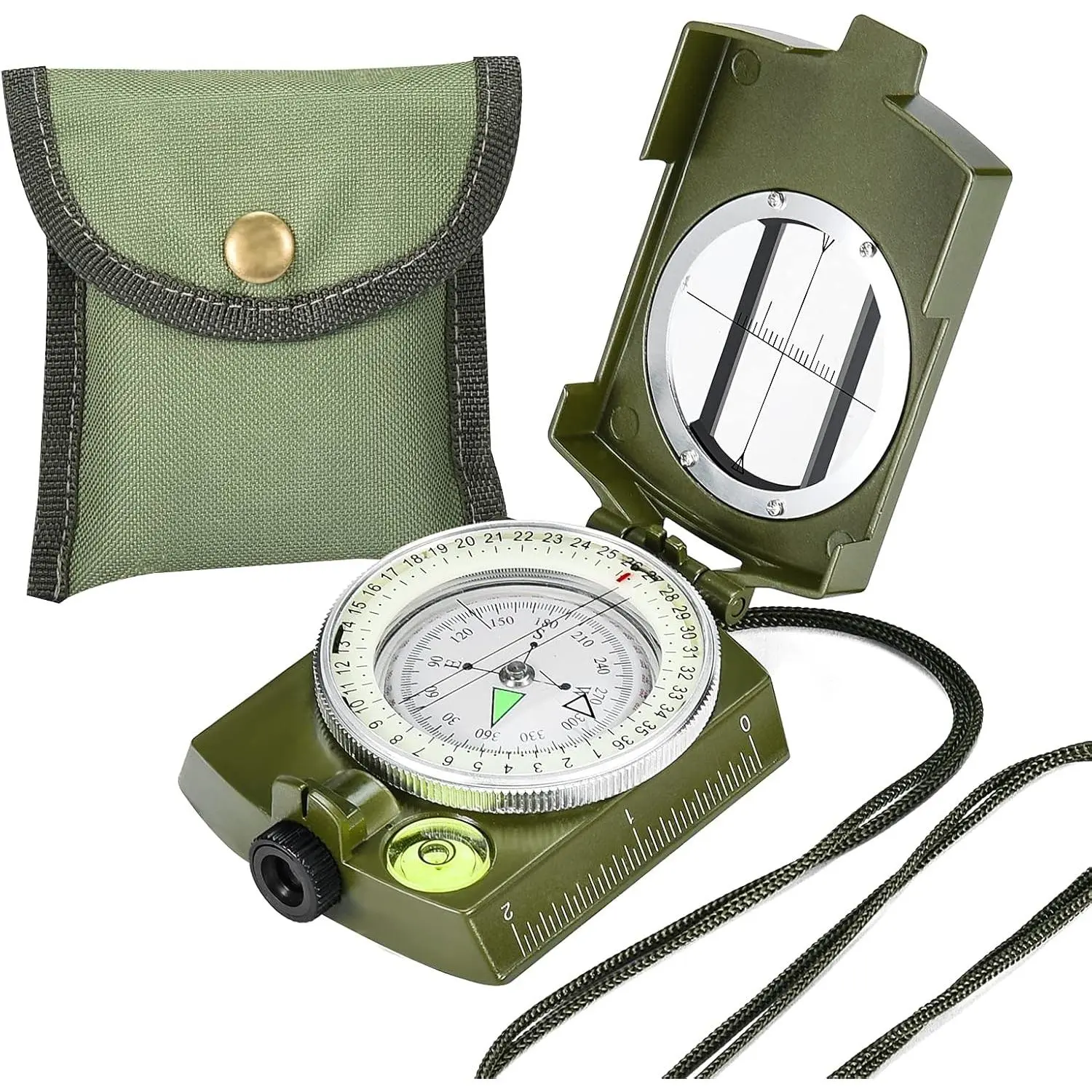 Lensatic Sighting Compass Survival with Carrying Bag, Compass  Hiking,Waterproof and Shakeproof, Army Green