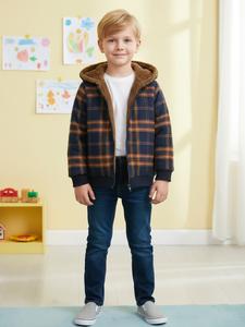boy's plaid print zip up hooded jacket coat, casual long sleeve thermal lined outerwear for fall & winter, kids clothes for daily wear