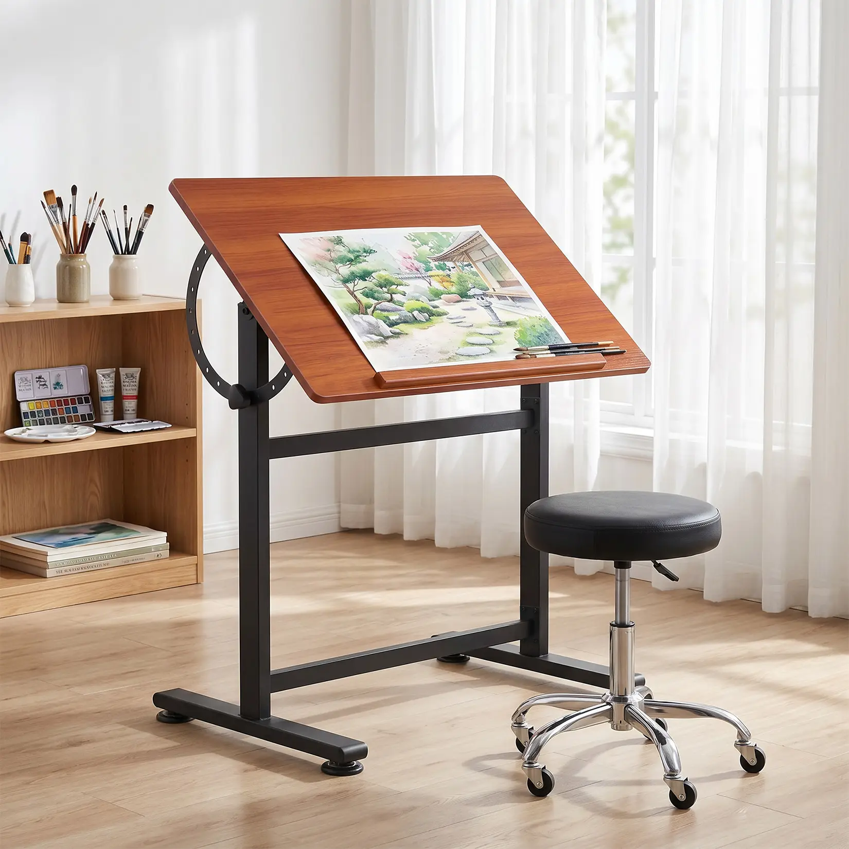Adjustable Steel-Wood Drafting Table, 0°-90° Tilting Drawing Table, Steel-Wood Art Drafting Table with Anti-Slip Lip, for Artists, Architects, Students, 35.4" x 23.6", Walnut