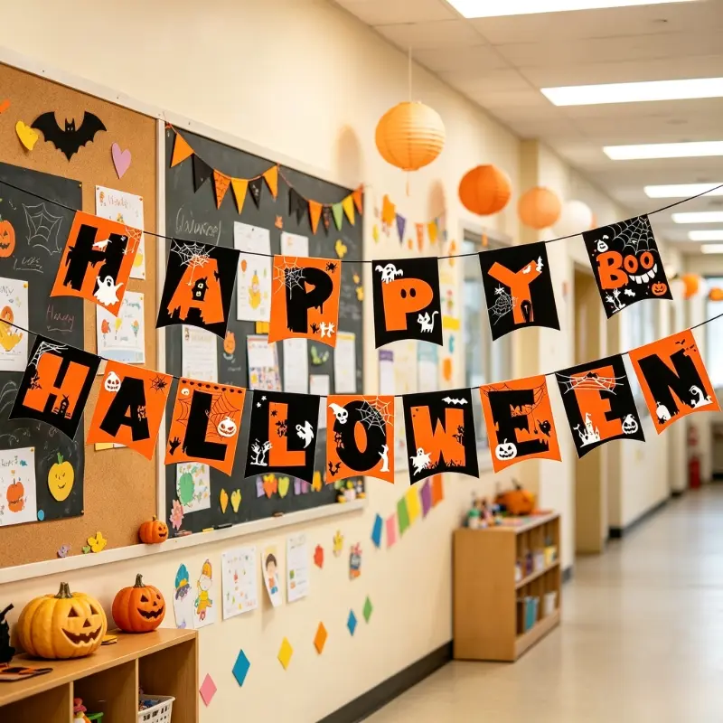 Halloween Happy Letter Banner Garland, Classroom Wall Hanging Decor, Festival Photo Backdrop Ornament, School Party Decoration Supplies for Classroom Bulletin Board, Kids Halloween Themed Activity