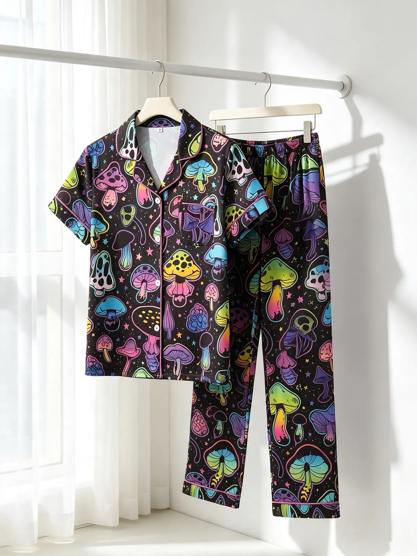 Bright Neon Mushroom And Star Black Print Women's Cardigan Short‑Sleeve Top And Long Pants Pajama Set, All‑Season Wearable, Fantasy‑theme Loungewear, Casual Cozy Bedroom Outfit