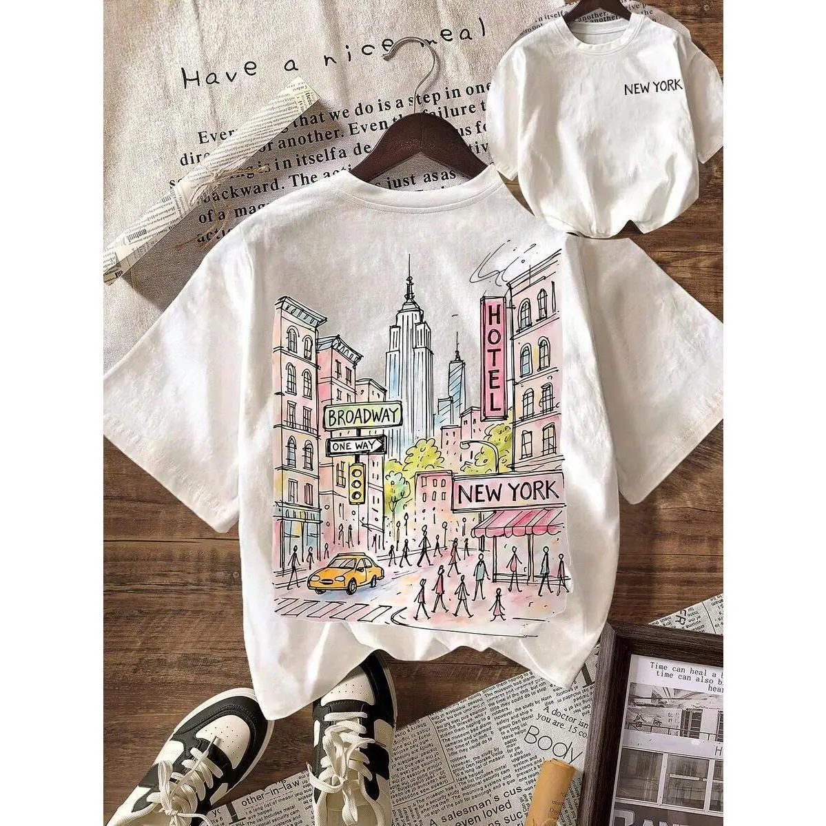 White Round Neck Short Sleeve Graphic Tee, New York City Print Summer Vacation Casual Daily Top, Perfect Holiday Gift For Travel Lovers, Unisex 100% Cotton