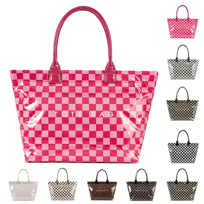 Checkered Tote Bag for Women, All-Purpose PVC Hobo Purse with Zipper, Waterproof Sandproof Work Bag for Beach & Outings, All-Purpose Women's Tote Bags