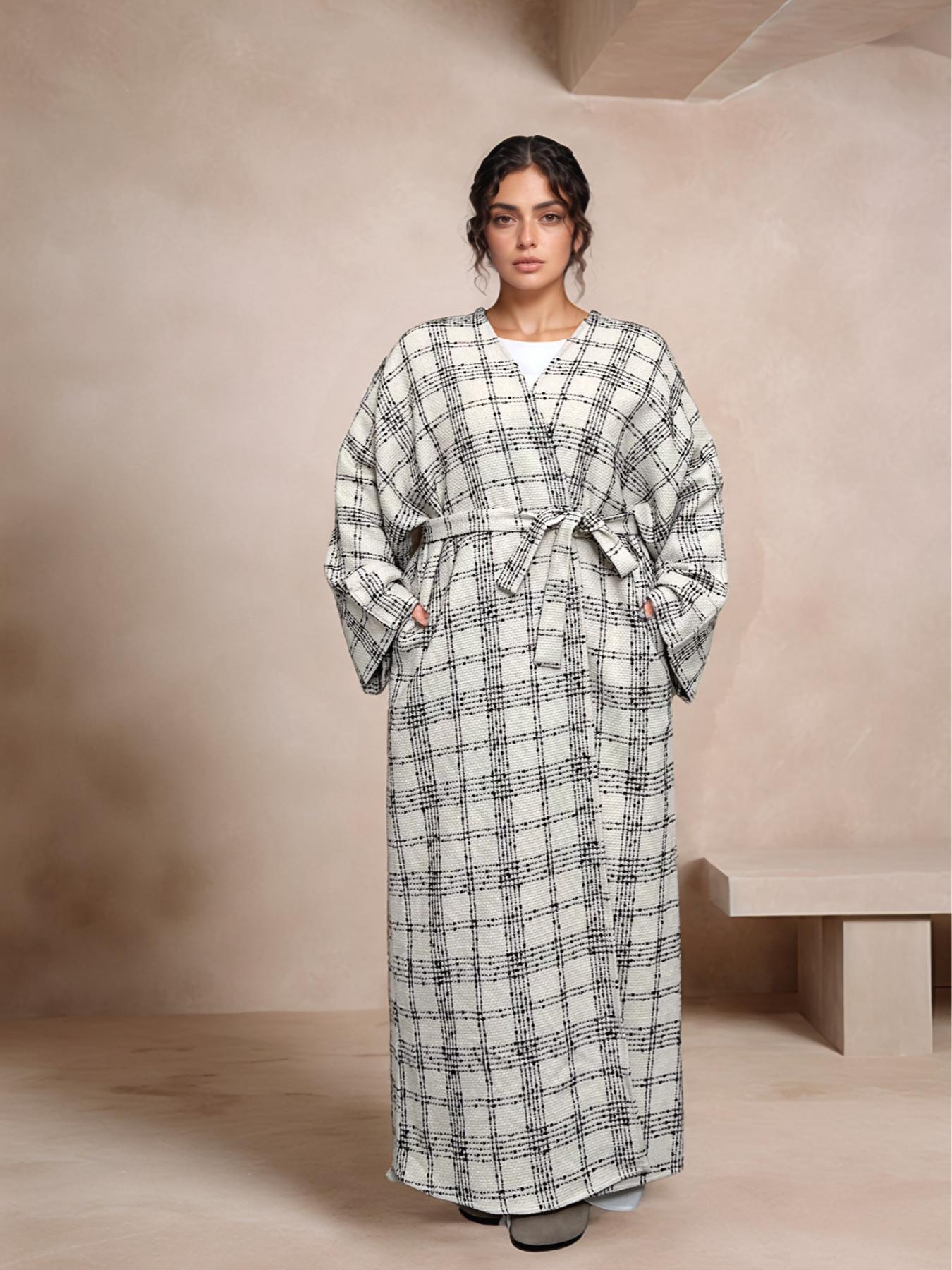 Women's Plaid Print Drop Shoulder Belted Pocket Robe, Casual Long Sleeve Open Front Robe for Fall & Winter, Women's Islamic Clothing for Daily Wear, Modesty Muslim Clothing