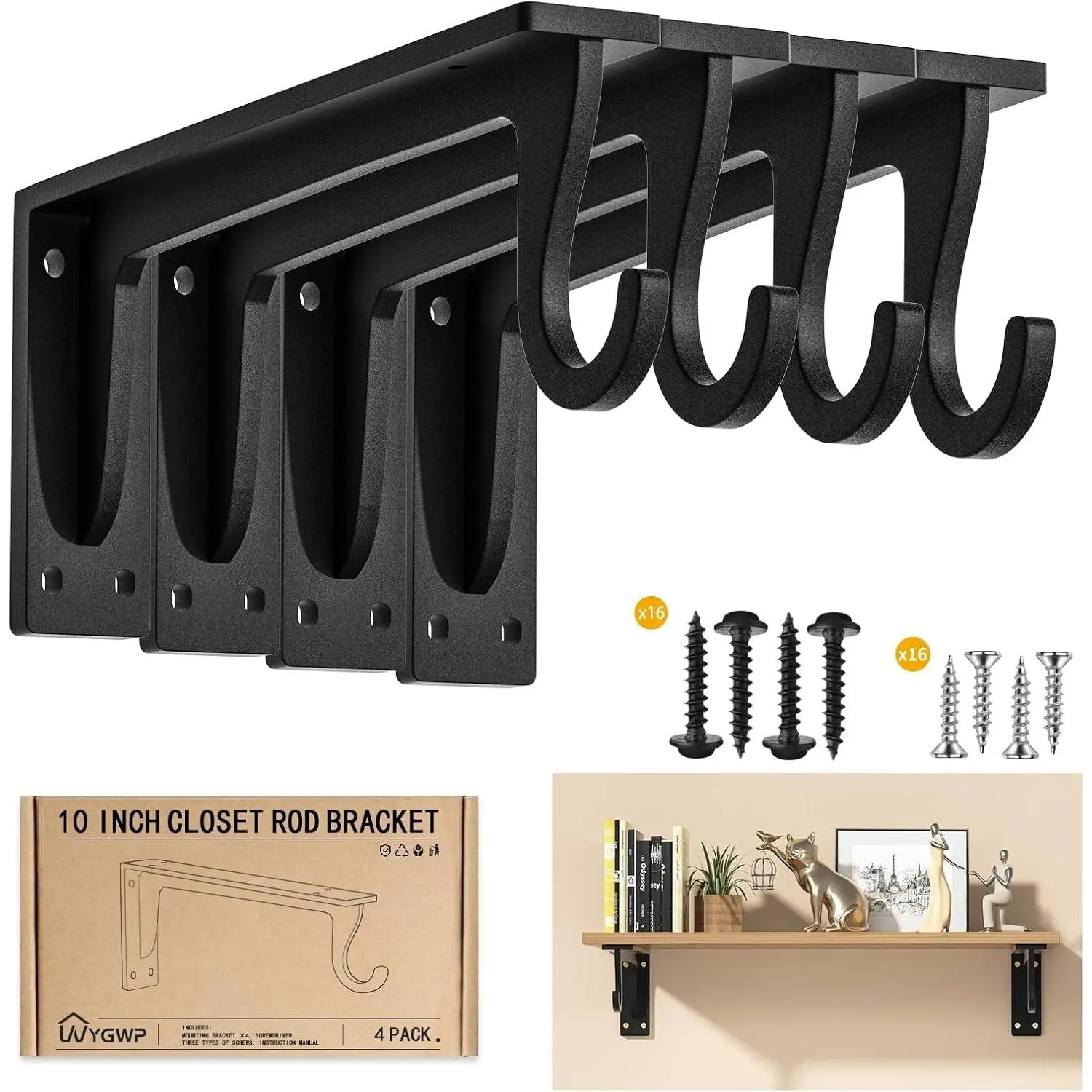 Closet Rod Brackets Heavy Duty Support 400 lbs WYGWP 10 inch Wall Mounted Closet Shelf Brackets with Rod Holder for Closet, Bathroom and Kitchen (4pack Black)