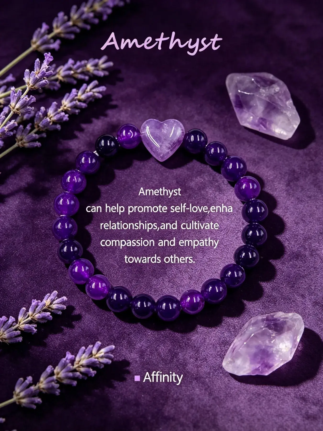 Amethyst Single Strand Polished Two-Tone Purple Crystal Elastic Bracelet With Solid Heart Centerpiece, Dreamy Lavender Aesthetic Layerable Wrist Decor, Thoughtful Gift for Women to Match Casual Outfits, Meditation Sessions & Best Friend Friendship Gifting