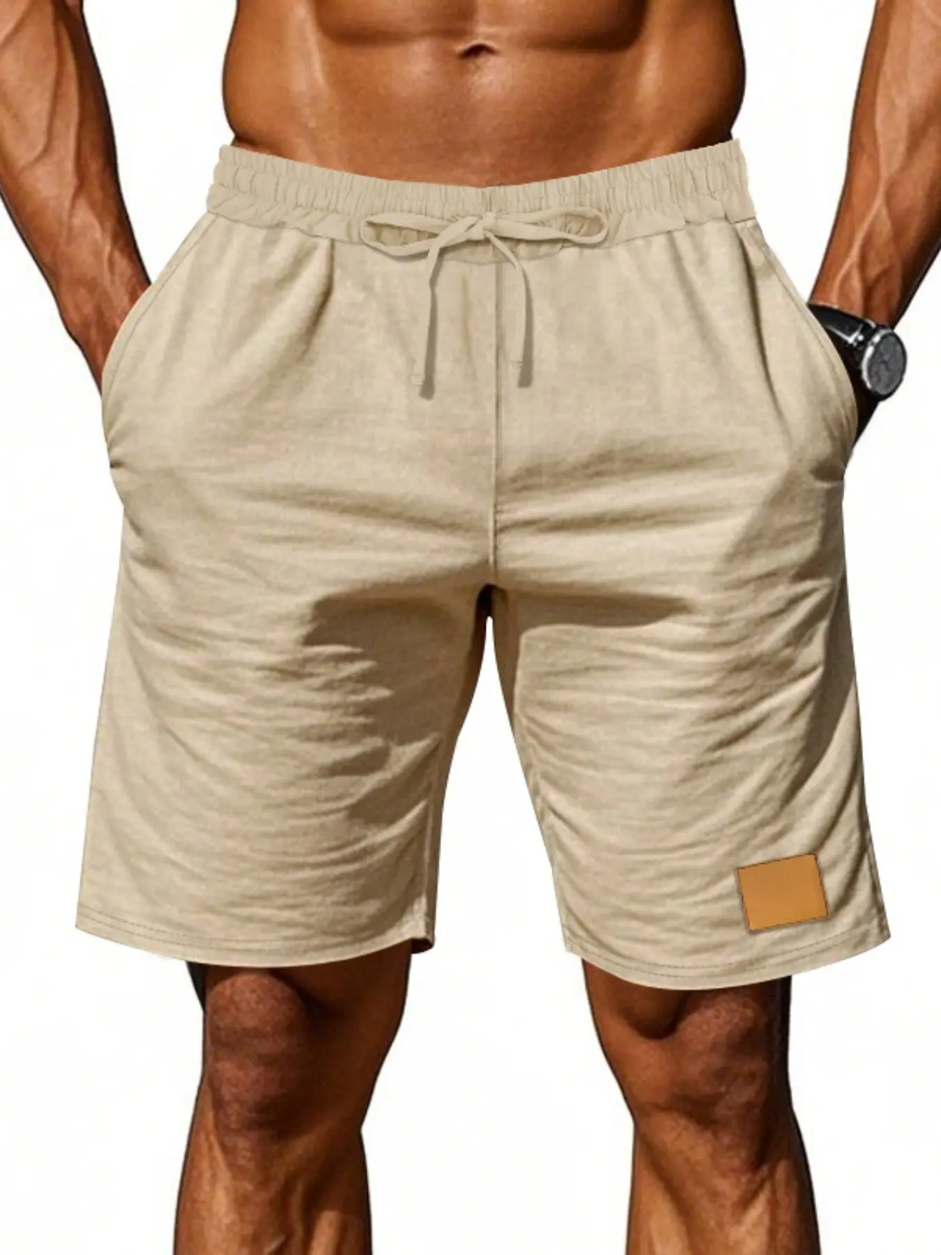 Men's European Style Fitness Shorts, Side Leather Label Drawstring Waist, High Elasticity Quick-Dry Breathable Fabric, Loose Fit with Pockets