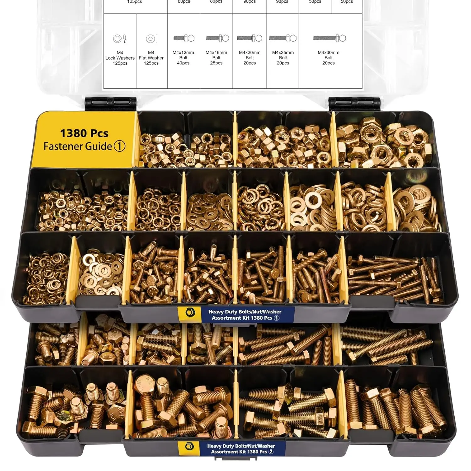 1380 count Nuts and   Kit - Heavy Duty Grade 8.8 Metric M4 M5 M6 M8 Bolt Set with  Nuts and Washers, Yellow Zinc Plated, Length from 12-30mm