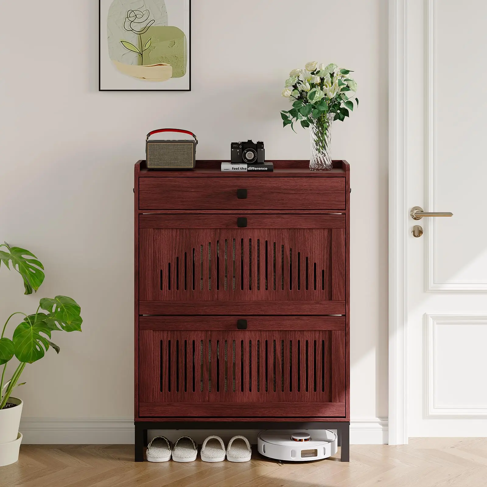 Garvee Modern Space-Saving Shoe Cabinet with 2 Flip Drawers, Adjustable Inner Shelves & Hidden Storage, Freestanding Large-Capacity Wooden Shoe Organizer, Two Color Options Grey & Natural Wood for Entryway, Hallway and Living Room
