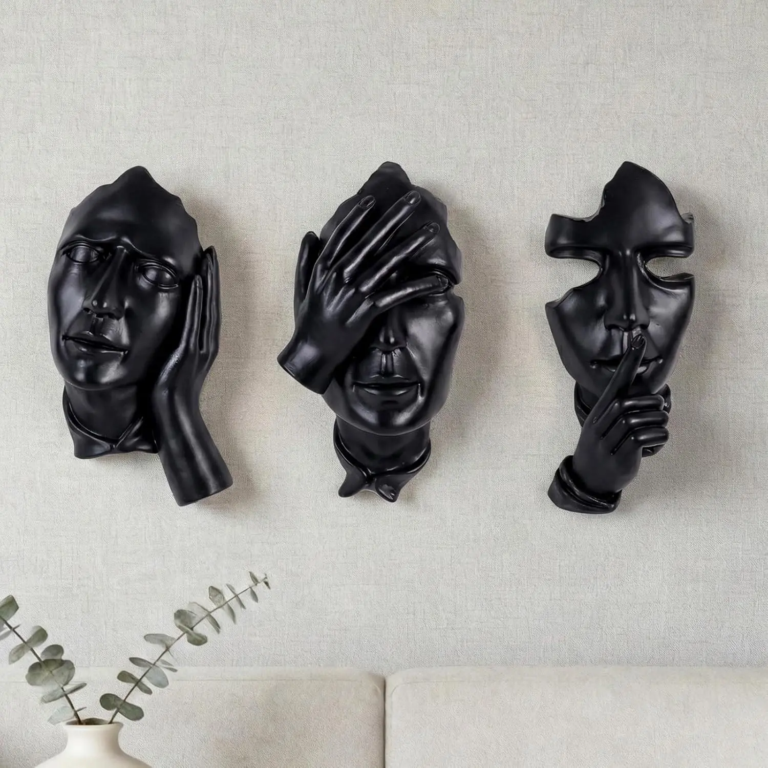 Orenm 3-Piece Artistic Abstract Face Resin Wall Sculptures, Lightweight Minimalist Modern Home Decor & Room Accessories for Living Room, Office (Black)