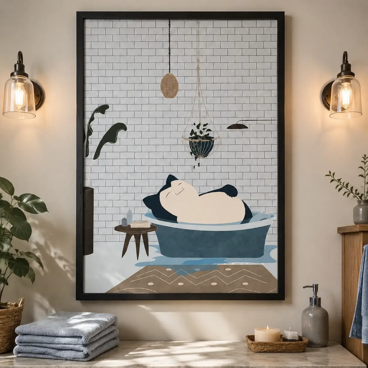 Funny Snorlax Bathing Canvas Wall Art Poster,Cute Pokemon Bathroom Poster, Black Framed Anime Print for Restroom, Kids Room, Game Room, Gift for Anime Fans