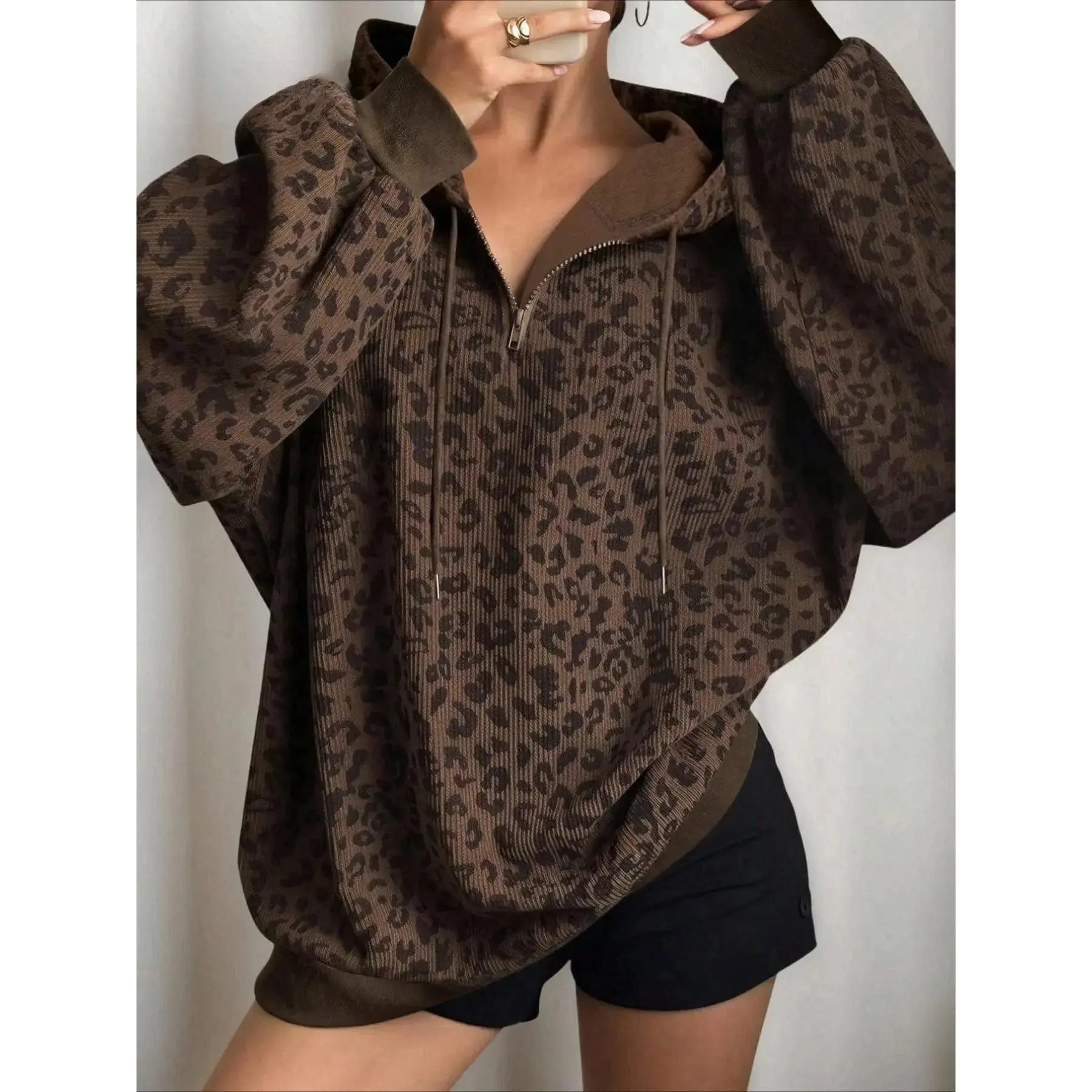 Women's Leopard Print Half Zip Hoodie Oversized Silhouette Drop Shoulder Long Sleeves Ribbed Trim Detail Drawstring Hood Trendy Streetwear Style Perfect for Daily Wear Casual Outings