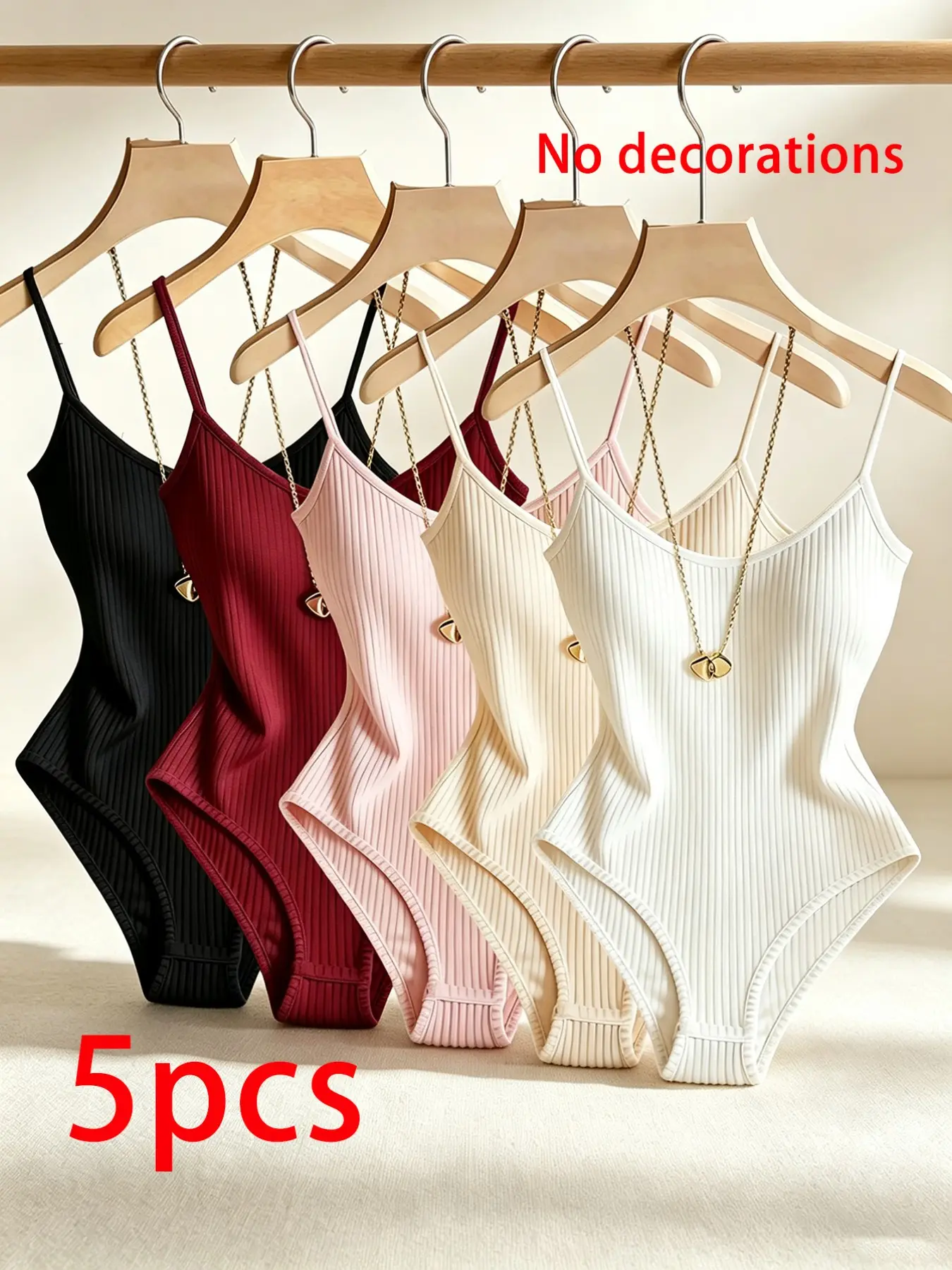5-Pack Fuzzy Ribbed Bodycon Bodysuits, Strappy Ribbed Bodysuit, Solid Color Bodysuit, Comfortable & Stylish, Chic, Perfect for Everyday Wear
