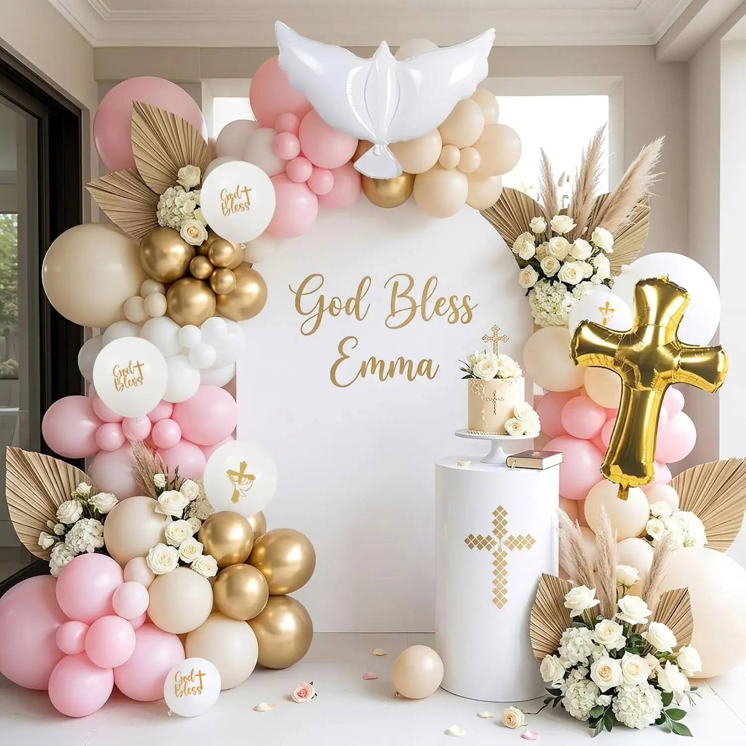 133Pcs First Holy Communion Pink Balloon Garland Arch Kit God Bless & Cross Printed Balloons Dove & Foil Cross Balloons for God Bless Baptism Christening Birthday Baby Shower Party Supplie Moxige