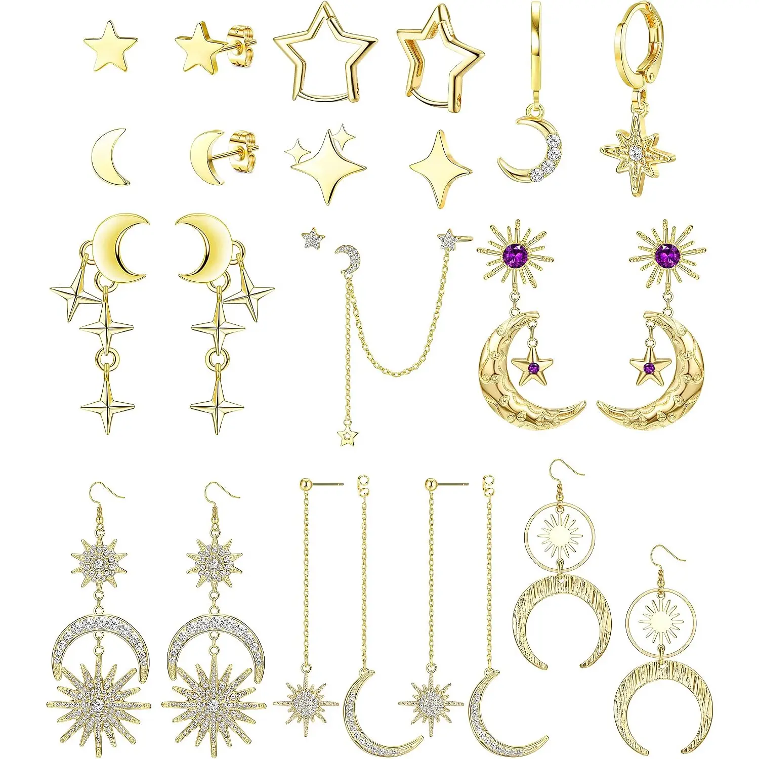 11 Pairs Star Moon Earrings for Women, Gold Silver Stainless Steel Tiny Star Stud & Hoop Earrings, Half Moon Long Dangle CZ Chain Statement Cartilage Earring Set