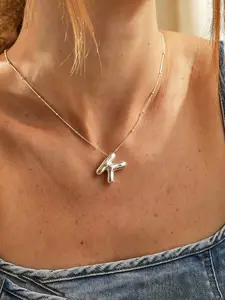 Silver puffy bubble initial necklace, Alphabet letter necklace, with A-Z 26 letters, balloon letter pendant paired with delicate beaded chain, minimalist silver design easy to layer, matches casual, office and daily outfits, timeless neck jewelry