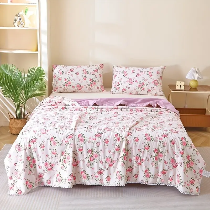Summer Floral Print Quilt, Soft Comfortable Bedding, Twin/double Size, Reversible Lightweight Quilt, Dual-Sided Use, Home Dorm Essentials