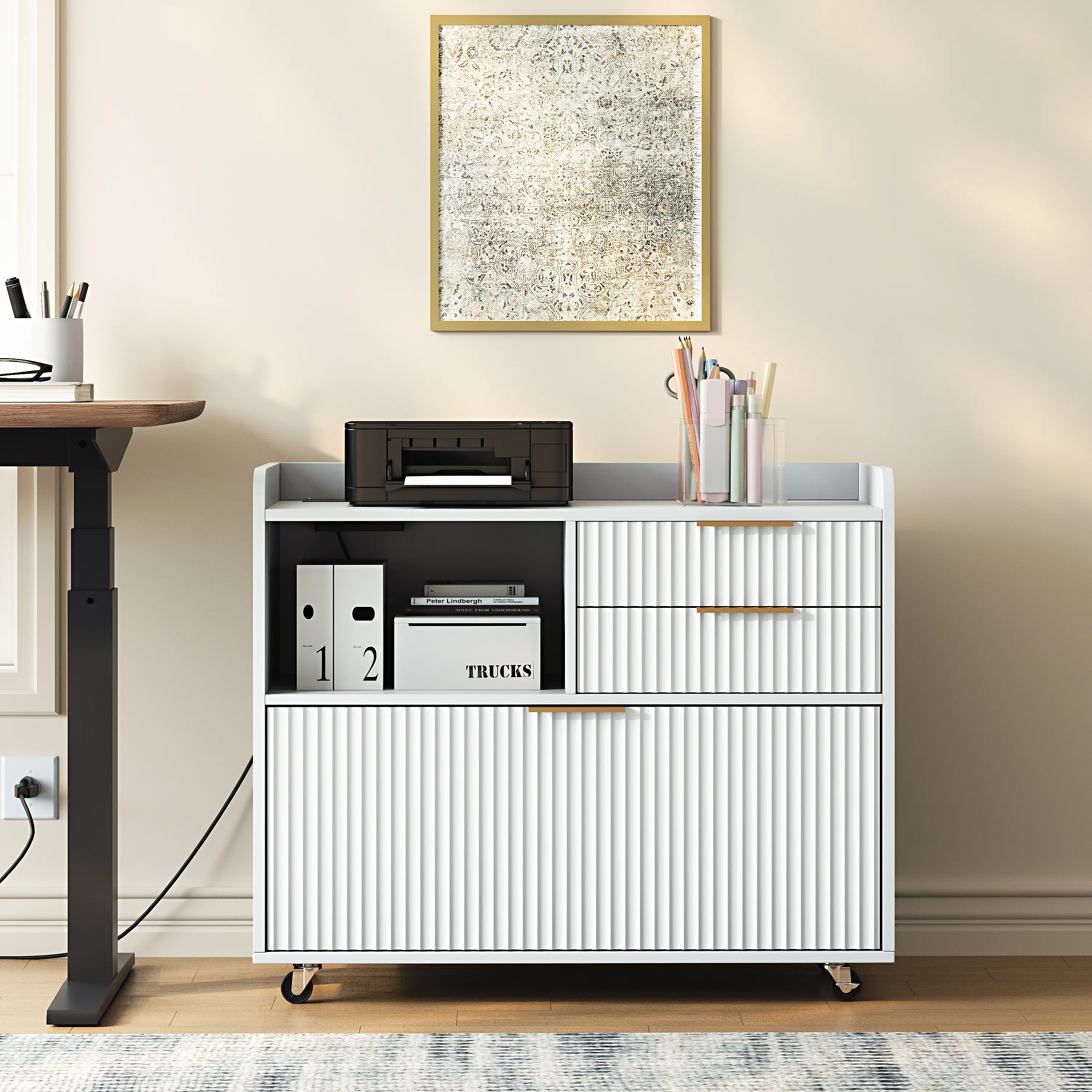 ARCH Mobile Particle Board File Cabinet - 3-Drawer Rolling Office Storage with Charging Station, Open Compartment, Locking Casters, Single Unit for Home Office Desk Organization (White), Mobile Cabinet