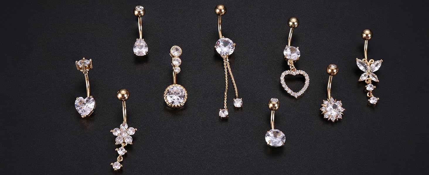ZELORES 9PCS Surgical Stainless Steel Hypoallergenic Belly Button Rings with Extra Replacement Balls, Trendy Dangle Belly Button Piercing Jewelry for Women, 14G - Silver/Gold/Rose Gold