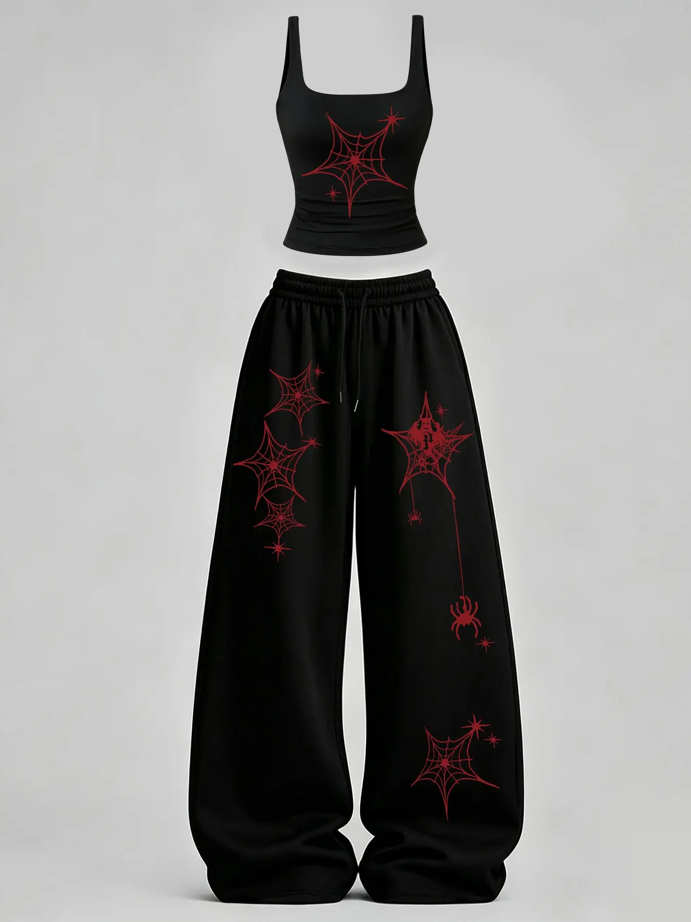 Women's Casual Tank Top Set, Slim-Fit U-Neck Backless Vest & Loose Long Pants, Butterfly Spider Web Print, Y2K Street Style