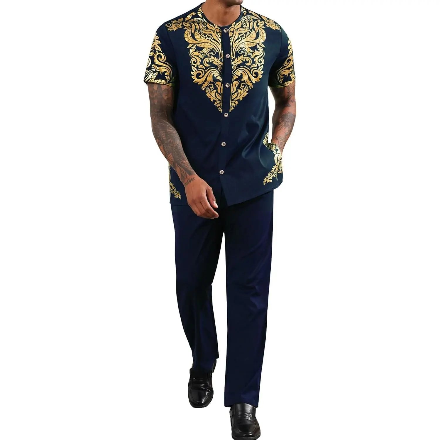 Mens African 2 Piece Set Nigerian Dashiki Metallic Short Sleeve Suit Gold Stamp Printed Shirt and Pants Outfit