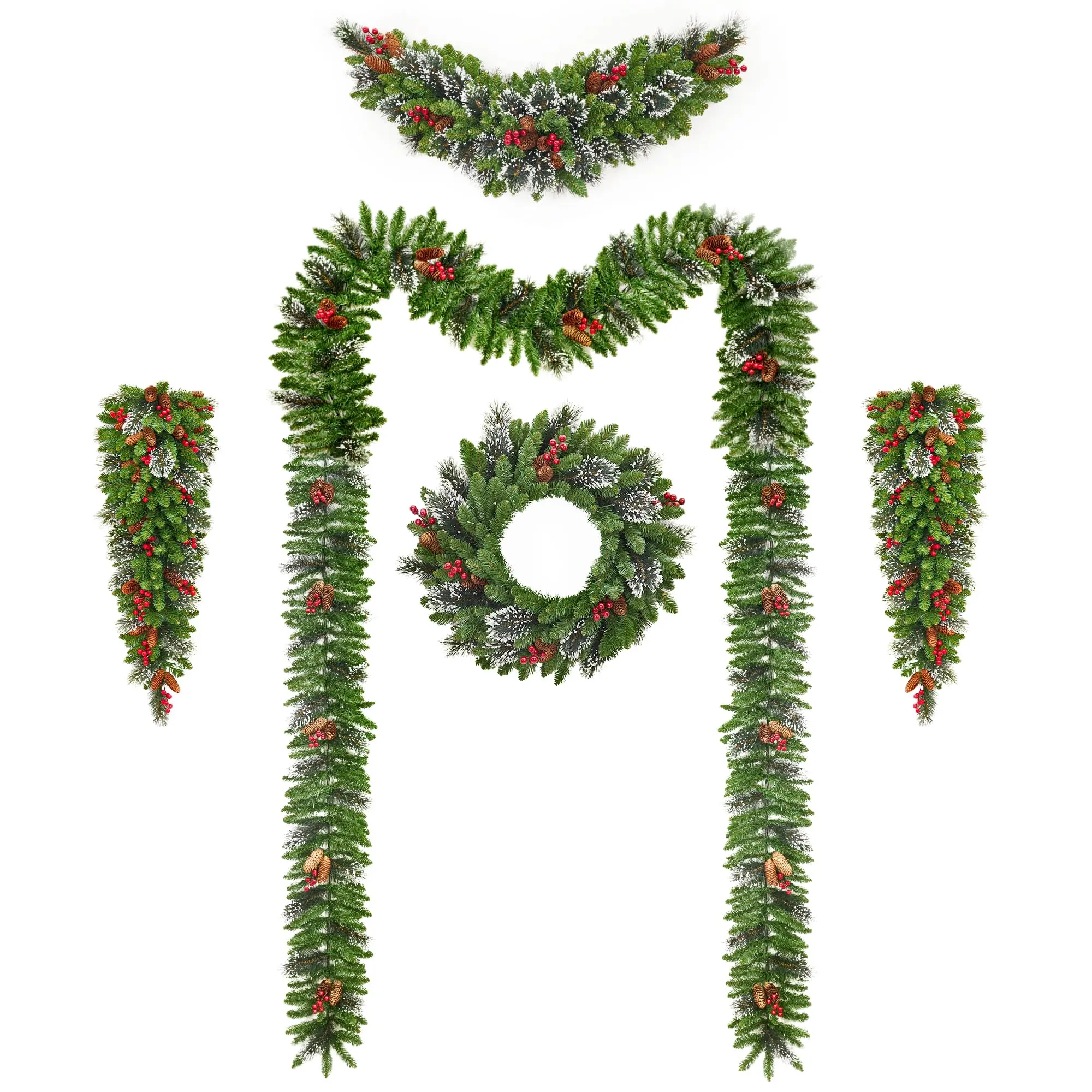 Garvee Christmas Wreath and Garland Set of 6, PreLit LED Artificial Christmas Décor with One Xmas Wreath and Arc Garland, 2 PCS of Garlands and Teardrop Garlands for Indoor Outdoor Home Décor